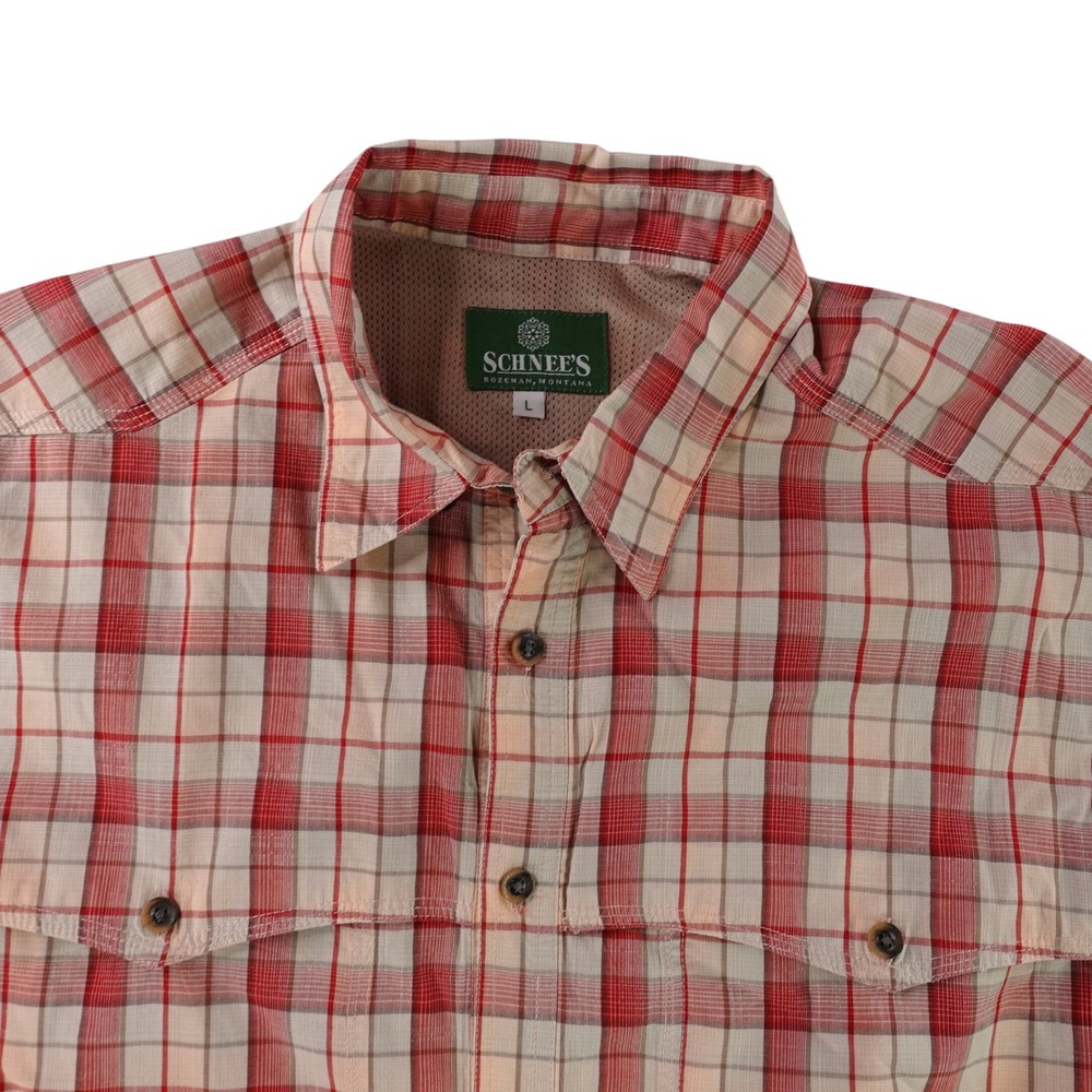 Schnee's Fishing Shirt Mens Large Red Plaid Vented Short Sleeve Outdoor
